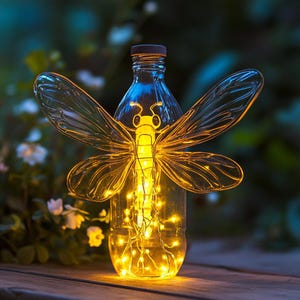 Può includere: Una bottiglia di plastica trasparente trasformata in una lampada decorativa. È adornata con un motivo a libellula in filo metallico e riempita di luci a fatina bianco caldo. La libellula ha ali delicate e un corpo giallo, per l'arredamento esterno.