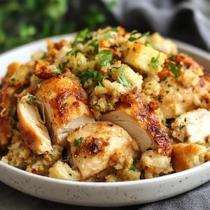 Peut inclure: Une assiette blanche remplie de poulet rôti et de farce. Le poulet est tranché et garni de persil. La farce est faite avec des cubes de pain et des herbes.