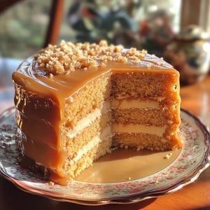 May include: A three-layer cake with caramel frosting and a sprinkle of brown sugar on top. The cake is cut in half, revealing the layers of cake and frosting.