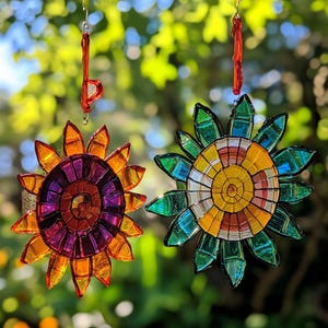 Può includere: Due ornamenti a forma di girasole in vetro colorato, appesi con filo rosso. Uno presenta tonalità arancioni, viola e rosse, mentre l'altro mostra tonalità gialle, verdi e blu. Lo sfondo è una vista sfocata di fogliame verde.