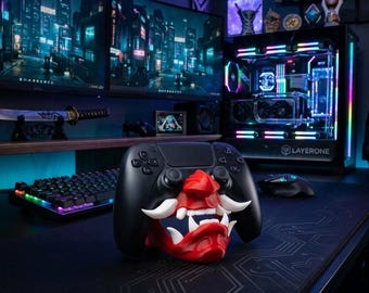 Oni Mask Controller Holder – Demon Samurai Gaming Stand 3D Printed Desk Organizer
