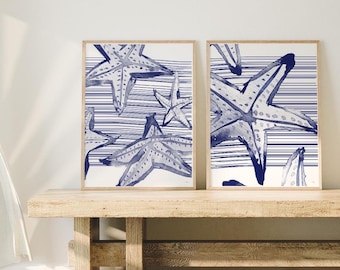 Coastal Starfish Bathroom Prints, Set of 2 Beach-Inspired Wall Art, Nautical Décor, Art Prints Ocean-Themed Wall Décor for Coastal Homes