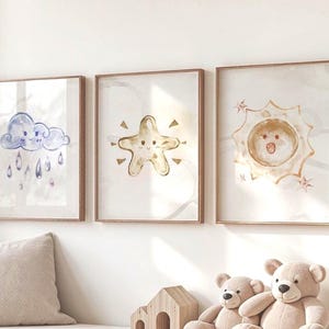Set of 3 Nursery prints, Watercolour Sun, Cloud & Star Print, Whimsical Nursery Art for Kids, Dreamy Wall Décor for Baby Room, Cloud and Sun
