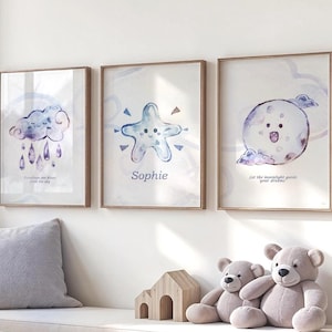 Personalized Blue Watercolour Cloud Moon and Star Nursery Print – Custom Name Kids Room Wall Art – Celestial Baby Shower Gift, Initial Art