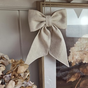 Neutral Linen Hanging Fabric Bow | Farmhouse Door Decor | Home Decor | Handmade | Three Sizes