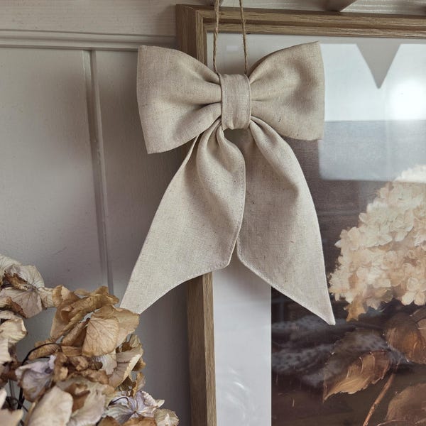 Neutral Linen Hanging Fabric Bow | Farmhouse Door Decor | Home Decor | Handmade | Three Sizes
