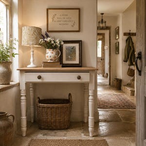May include: A white wooden console table with a single drawer and turned legs, topped with a lamp, a floral pitcher, and two framed prints. One print reads A HOME FULL OF LOVE IS LIFE'S GREATEST BLESSING. A woven wicker basket sits underneath.