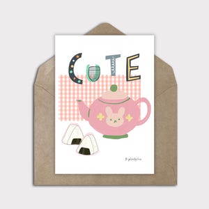 Impression d'art onigiri, tea party japonaise, carte kawaii fantaisiste, carte de voeux numérique kawaii, carte d'art kawaii imprimable, carte de correspondance vierge