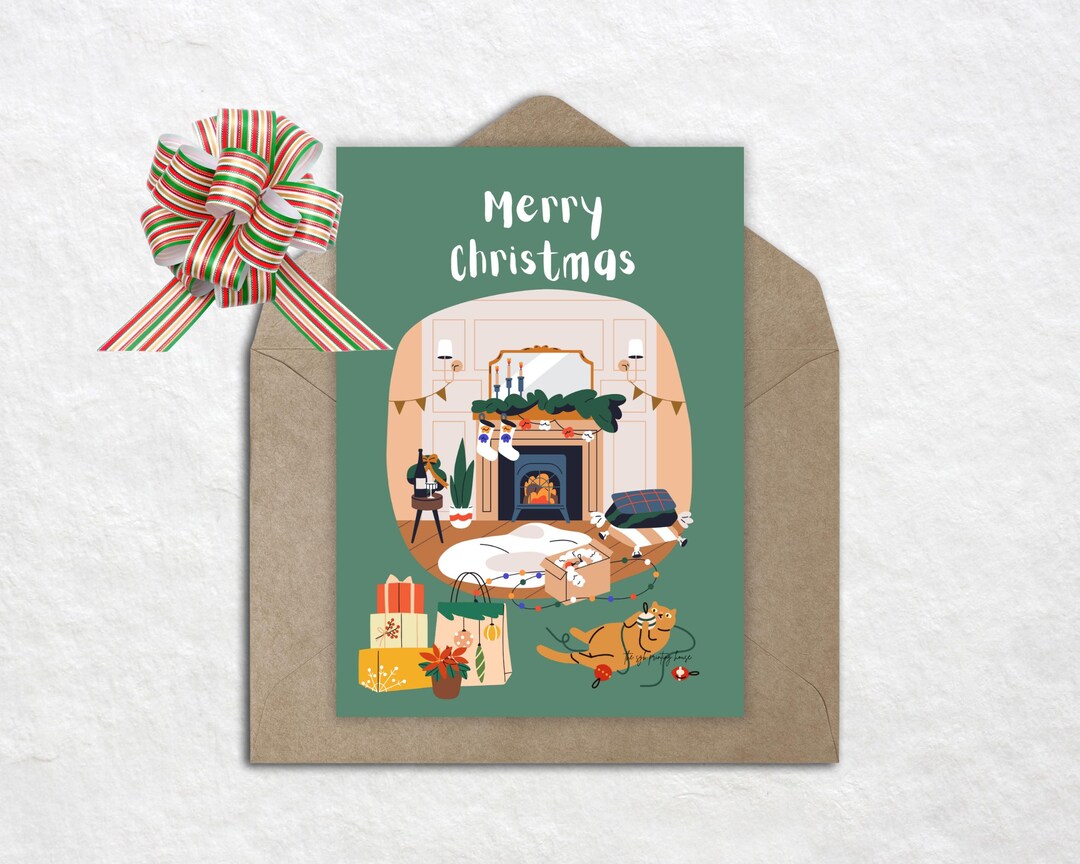 Funny Cat Christmas Card Printable – Cozy Holiday Chaos Scene, Naughty ...