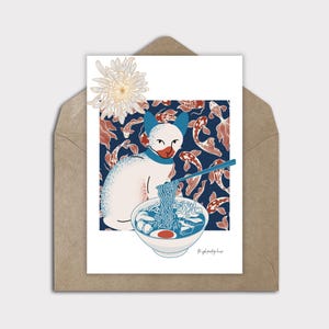 Impresión artística de ramen japonés, lindo gato japonés kawaii, linda tarjeta de gato, tarjeta digital para cualquier ocasión, tarjeta imprimible con animales kawaii, tarjeta en blanco