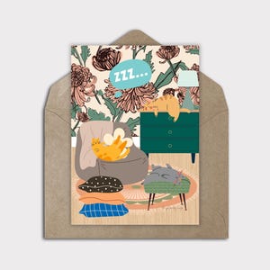 Carte de voeux Chats à la maison, chats endormis, carte de correspondance numérique vierge, carte fantaisiste pour amoureux des chats, surcharge de gentillesse, carte de chat mignon japonais kawaii