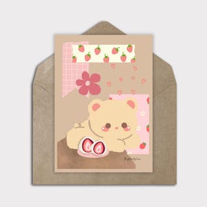 Carte numérique d'ours kawaii, carte de voeux de nourriture kawaii, carte de correspondance vierge, carte pour toutes les occasions, ours mignon avec mochi, carte de voeux d'ours mignon