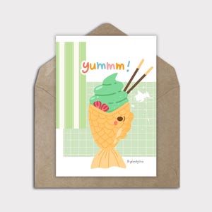 Poisson taiyaki, dessert de cuisine japonaise, taiyaki de crème glacée au matcha, carte de correspondance vierge, carte de voeux de cuisine kawaii, art kawaii à encadrer, imprimable