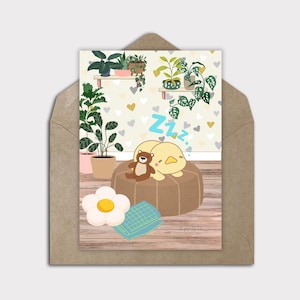 Animale kawaii addormentato, stampa anatra assonnata, biglietto digitale per qualsiasi occasione, biglietto vuoto, biglietto kawaii stravagante, sovraccarico di tenerezza, anatra carina