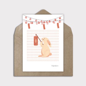 Linda tarjeta de arte digital de conejo, tarjeta de felicitación digital de conejo, tarjeta digital para cualquier ocasión, lindo conejo japonés kawaii, linda tarjeta digital en blanco