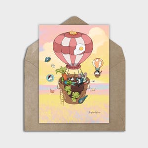 Arte digitale con personaggi kawaii, biglietto digitale con mongolfiera, biglietto per qualsiasi occasione, biglietto stampabile con animali kawaii, grazioso biglietto digitale vuoto, tenerezza