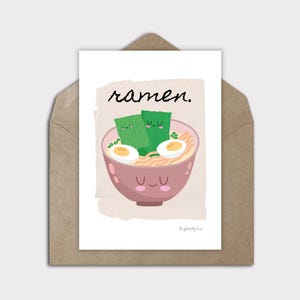 Arte de fideos en tazón de ramen, impresión artística de fideos ramen, tazón de ramen kawaii, tarjeta de nota en blanco, tarjeta digital para cualquier ocasión, impresión de cocina japonesa, ramen