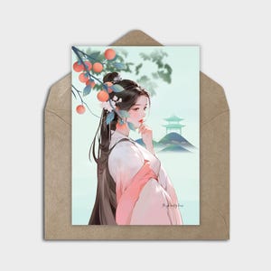 Traditionelle japanische Karte, Anime Mädchen im Kimono, digitale Karte für jede Gelegenheit, gerahmte Notizkarte, japanisch inspirierte Grußkarte