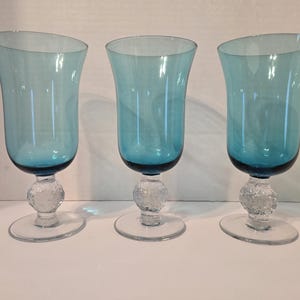 Water Goblets Aqua blue with clear stem and base set of 3.