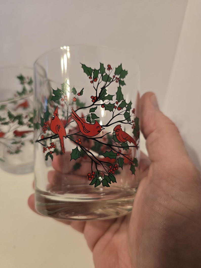 Vintage MCM Red Cardinal and Holly Berries Double Old Fashioned Glasses ...