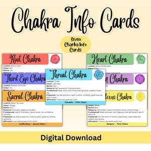 Puede incluir: Siete tarjetas de información de chakras de colores vivos con los nombres de cada chakra, su ubicación, color, mantra y afirmaciones. Las tarjetas están diseñadas con un símbolo de mandala para cada chakra.