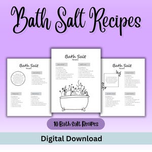 Puede incluir: Descarga digital imprimible de 10 recetas de sales de baño. El documento presenta una ilustración en blanco y negro de una bañera con flores y el texto "Bath Salt Recipes".
