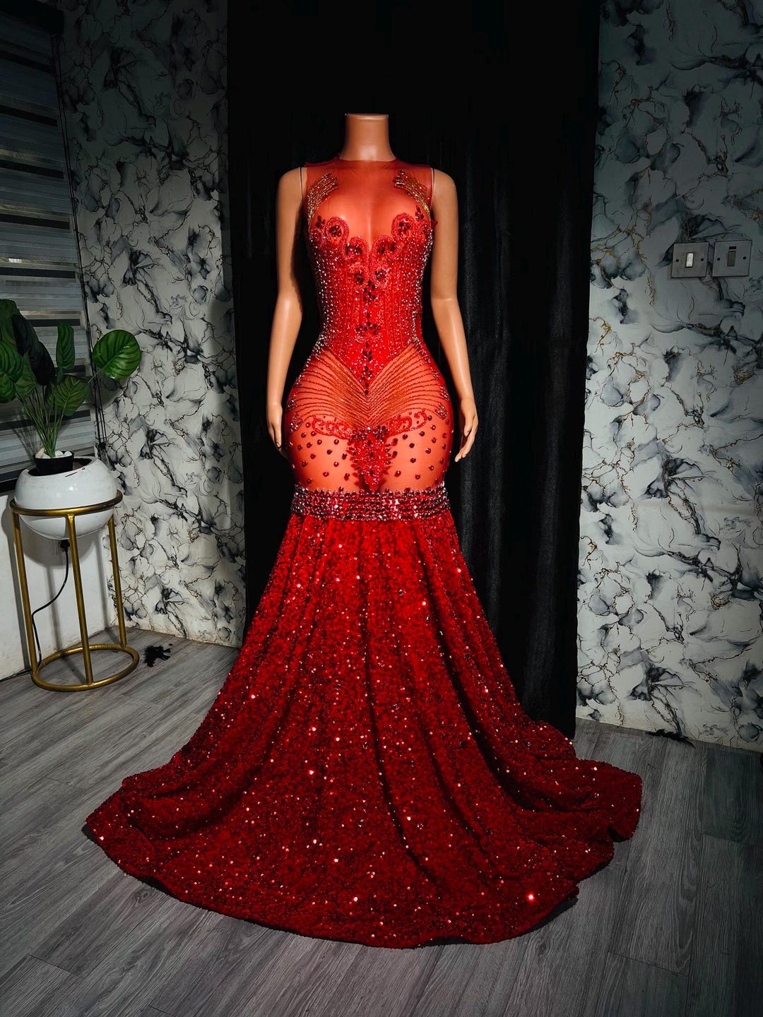 Elegant Red Sequins Mermaid Prom Dress,Red Evening Gown Y5571
