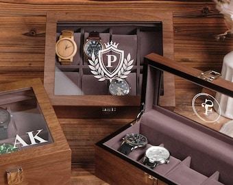 Boîte à montres personnalisée en bois de noyer : boîtier en verre gravé, organiseur de montre à 3 emplacements