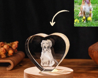Personalized Pet Memorial Heart Crystal, Custom Dog Cat Portrait LED Night Light, Rainbow Bridge Sympathy Gift, Pet Loss Keepsake for Owner