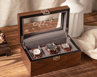Boîte à montres personnalisée en bois de noyer, boîtier gravé à 3 emplacements, cadeaux de garçons d'honneur, cadeaux de Noël pour lui, premier cadeau de Saint-Valentin pour petit ami
