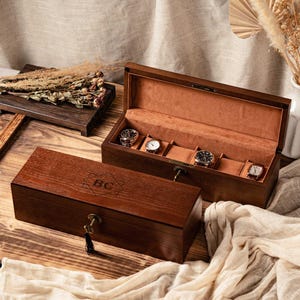 Engraved Walnut Wood Watch Box with Lock: 6-Slot Jewelry Storage, Christmas Gifts for Him