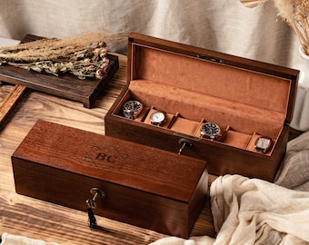 Engraved Walnut Wood Watch Box with Lock: 6-Slot Jewelry Storage, Christmas Gifts for Him