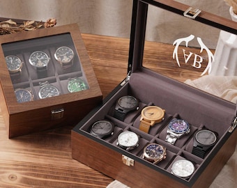 Caja de reloj de madera de nogal personalizada con 6/8 ranuras, tapa de vidrio grabada, joyero, regalo de boda para novios, regalo de San Valentín para él