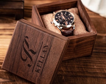 Personalized Walnut Watch Box, Engraved Wood or Glass Lid Watch Storage Case, Graduation Gift, Coming of Age Gift, Christmas Gift for Him