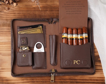 Personalized Brown Cigar Travel Case: Zippered Organizer with Compartments for Cigars, Cutter, Lighter and Cards