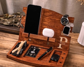 Personalized Wood Docking Station for Phone, Wallet, Gadget, Watch, Key, Accessories, Desk Organizer, Perfect Birthday Gift for Best Friend