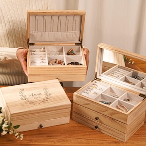 Caja de joyería de madera personalizada, organizador de joyas grabado con espejo, almacenamiento de collares, regalos de cumpleaños, idea para el Día de la Madre, regalos para ella.