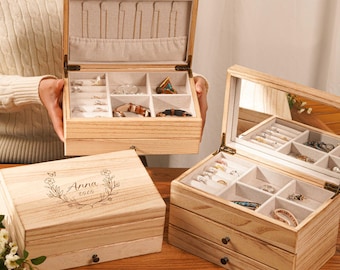 Personalized Wooden Jewelry Box, Engraved Jewelry Organizer with mirror, Necklace Storage, Birthday Gifts, Mother's Day idea, Gifts For Her