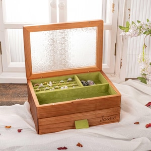 Walnuss Schmuckschatulle, Glasdeckel Doppelschicht Schmuck Aufbewahrung, rustikaler Holzschmuck Organizer für Mama, Schmucksammlerbox, Muttertagsgeschenk