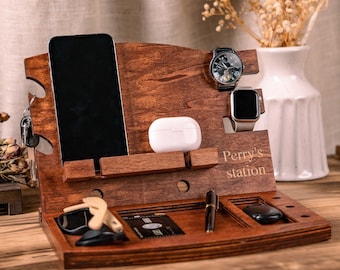 Personalized Wood Docking Station for Phone, Watch, Wallet Organizer, Desk Organizer, Men Accessories, Perfect Birthday Gift