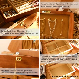 May include: A wooden jewelry box with a plush velvet interior and a lock and key. The box has a removable divider and a compartment with hooks for necklaces. The text "Tangle-Free Design - Specialized hook compartment keeps necklaces organized and knot-free" is visible on the top of the box.