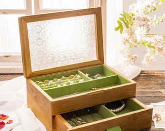 Walnut Jewelry Box, Glass Lid Double Laye Jewelry Storage, Rustic Wooden Jewelry Organizer for Mom, Jewelry Collector Box, Mother's Day gift