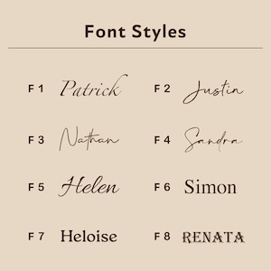 May include: A beige graphic with the text "Font Styles" at the top. Below are eight font style examples, each with a name: Patrick, Justin, Nathan, Sandra, Helen, Simon, Heloise, and Renata. The fonts vary in style.