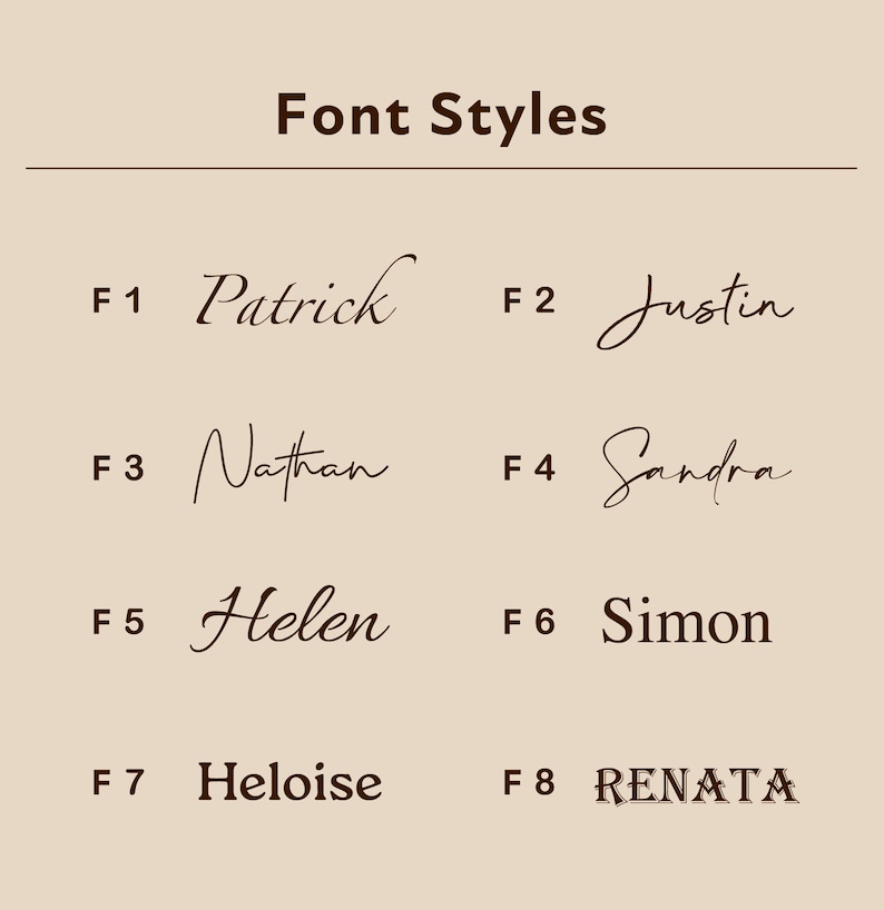 May include: A beige graphic with the text "Font Styles" at the top. Below are eight font style examples, each with a name: Patrick, Justin, Nathan, Sandra, Helen, Simon, Heloise, and Renata. The fonts vary in style.