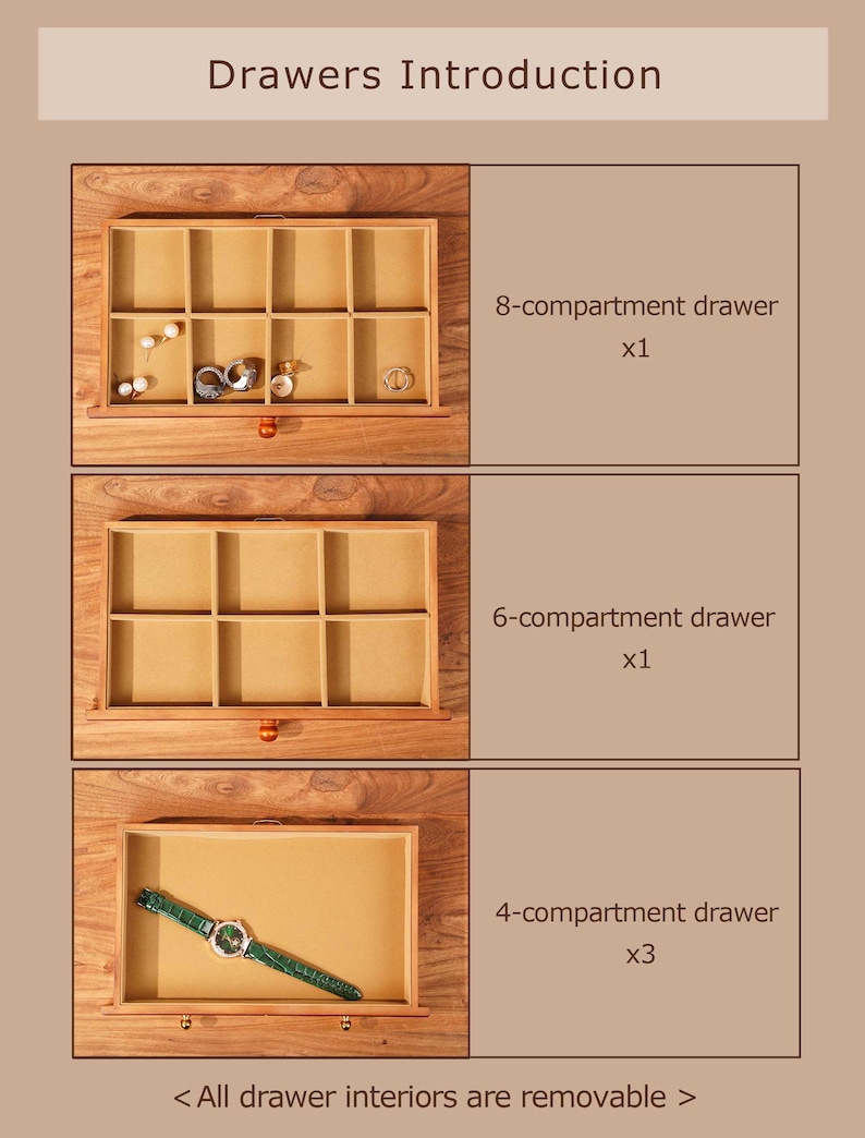 Caja de joyería de madera personalizada / Organizador de joyas grande con 5 cajones / Caja para collares personalizada para mamá, regalo para ella / Regalos para el Día de la Madre imagen 12