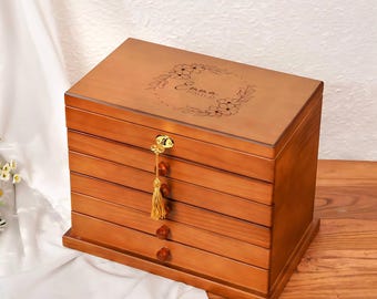 Personalized Wooden Jewelry Box | Engraved Large Jewellry Organizer With 5-Drawer, Custom Birthday Gifts for Mom, Mother's Day Gifts