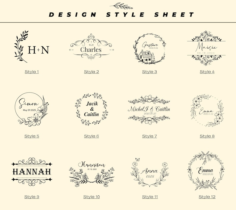 May include: A design style sheet featuring twelve different decorative logo designs. Each design includes names, initials, or dates, surrounded by floral or ornamental elements. The text "DESIGN STYLE SHEET" is at the top.