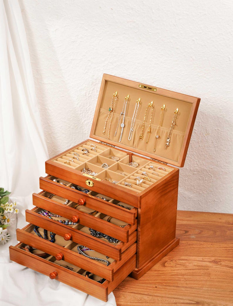 Caja de joyería de madera personalizada / Organizador de joyas grande con 5 cajones / Caja para collares personalizada para mamá, regalo para ella / Regalos para el Día de la Madre imagen 2
