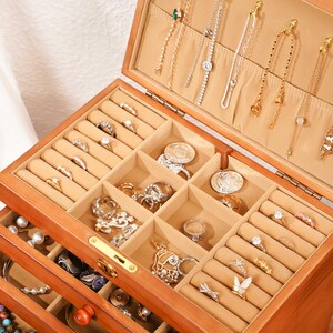 Caja de joyería de madera personalizada / Organizador de joyas grande con 5 cajones / Caja para collares personalizada para mamá, regalo para ella / Regalos para el Día de la Madre imagen 6