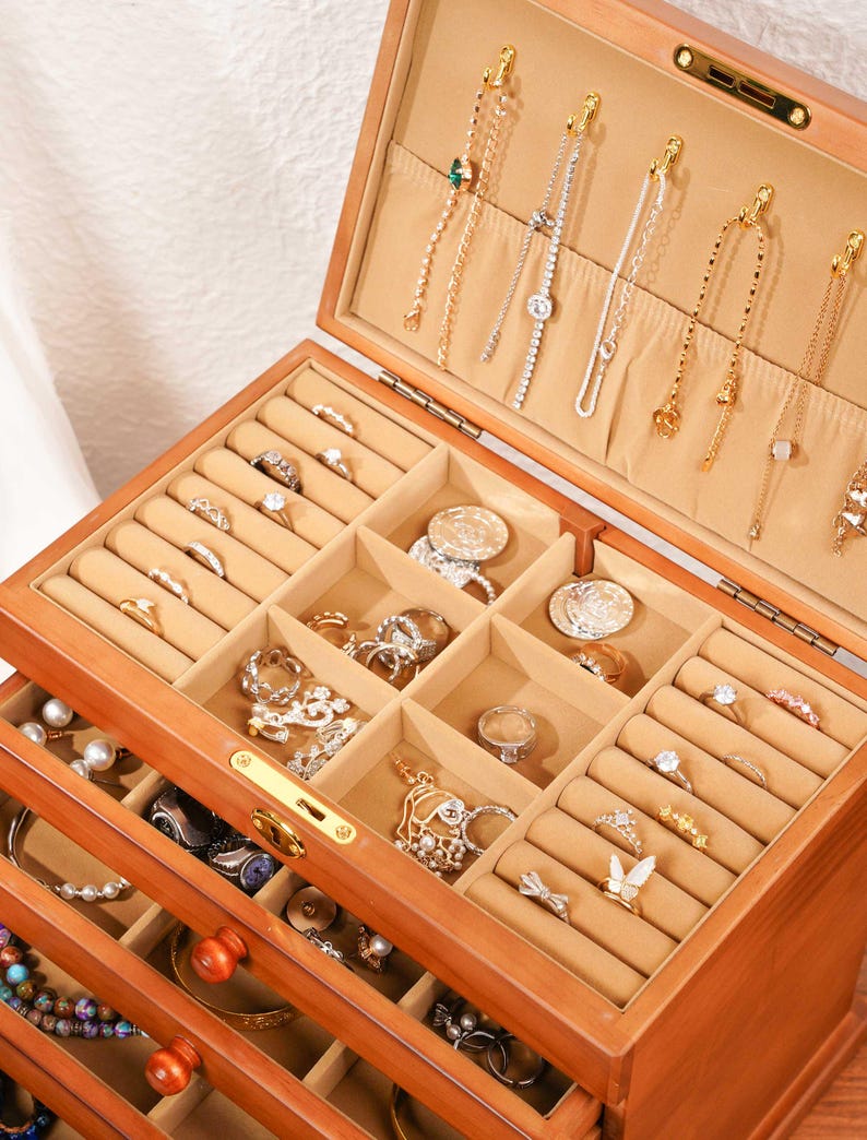 Caja de joyería de madera personalizada / Organizador de joyas grande con 5 cajones / Caja para collares personalizada para mamá, regalo para ella / Regalos para el Día de la Madre imagen 6